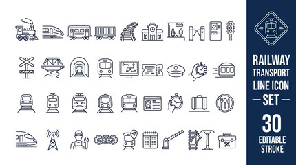 30 railway transport line icons with editable stroke for trains, stations, and infrastructure design projects. © cloud