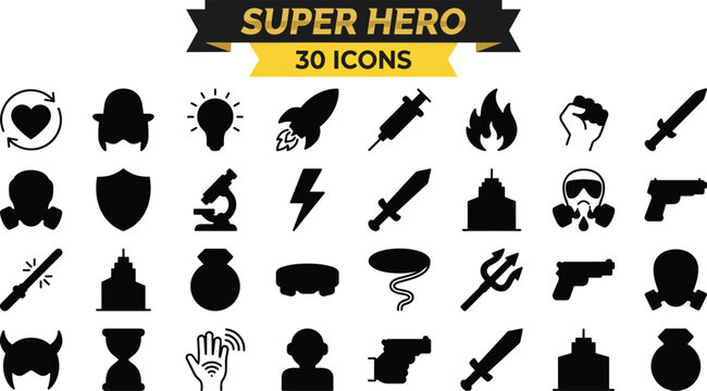 Superhero icon set with flat black silhouette vector symbols for gaming badges UI design and graphic elements