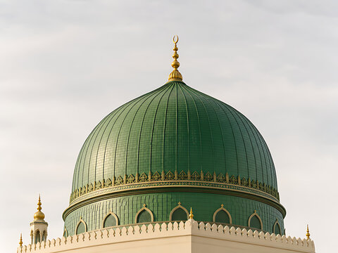 Detailed green dome with golden crescent finial against cloudy sky for Islamic architecture
