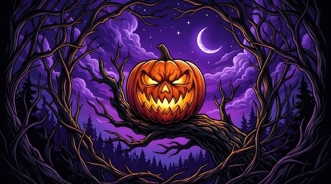 A sinister glowing jack-o'-lantern rests upon a gnarled tree branch in a dark enchanted forest under a crescent moon and vibrant purple night sky