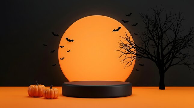 A minimalist 3D podium display featuring two small orange pumpkins against a bright glowing orange full moon backdrop with black bats and bare trees