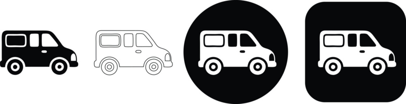 Set of four showing a side view of a small delivery van in black and white silhouette, outline, and button styles