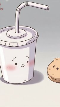 Vertical video: Loop starting animating paper cup tilting bendy straw on table with cookie sparkles