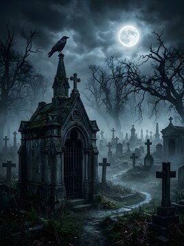 A solitary crow perches atop a weathered stone mausoleum in a misty, moonlit cemetery filled with old crosses under a dark, dramatic night sky