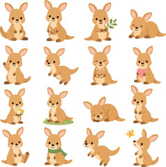 Naklejka premium Cute Kangaroo Collection, Flat Vector Illustration Set of Kangaroo