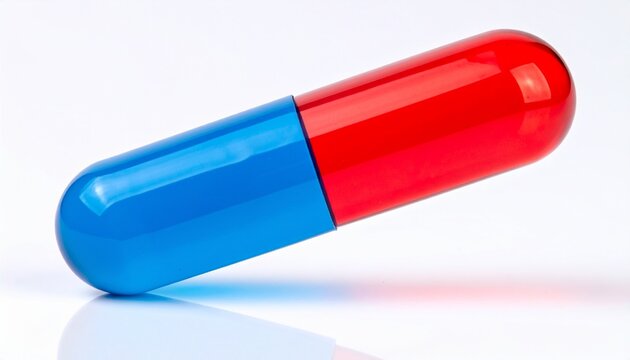 Glossy capsule pill split into red and blue halves