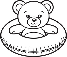 A cheerful bear cub floats happily inside a ring tube, depicted in a charming, simple line art style. © DesignINKZ