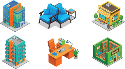 Isometric City Buildings and Interior Furniture Vector Set with Apartment Block, Office Workspace Desk, Coffee Shop Cafe, and Bookstore Icon Designs © EdGe Creative