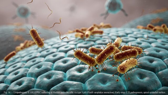 Scientific 3d illustration of uropathogenic e. coli bacteria adhering to the surface of bladder umbrella cells, detailed visualization of urinary tract infection initiation and bacterial binding