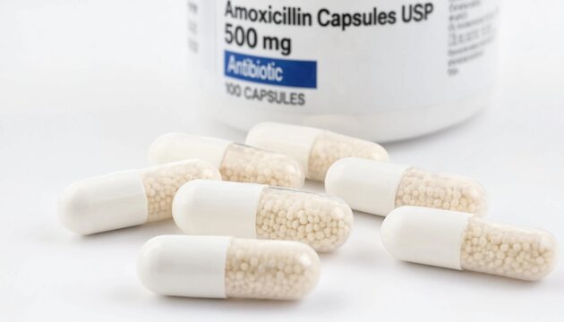 Bottle of amoxicillin antibiotic capsules with scattered pills arranged on a clean white background, professional pharmaceutical stock image for healthcare, medicine, and treatment concepts
