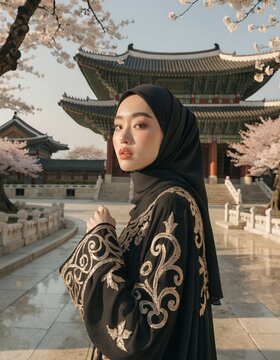 Elegant traditional East Asian temple scene with person in embroidered garment framed by cherry blossoms, cultural architecture and warm natural light creating serene atmosphere. generated ai