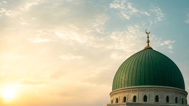 Green dome of holy mosque at golden sunset sky for Islamic architecture background

