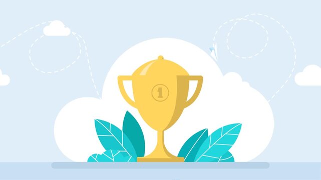 First place among competitors. Gold cup trophy symbol icon in flat style, team support and work. Business success strategy. The concept of victory, competition, duel, fight. 2d flat animation