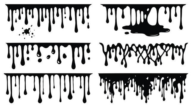 Black paint dripping borders vector set ink drops and liquid splashes silhouettes