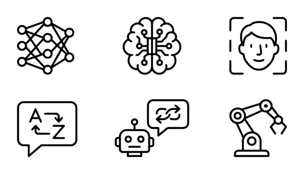 AI Technology Icons: Neural Network, Brain Chip, Face Recognition, Translation, Robot, Arm
