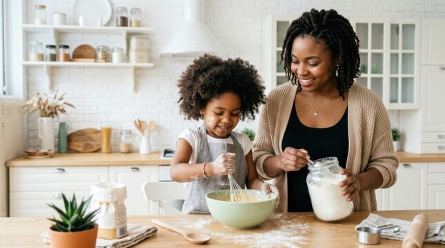 Smiling mother and daughter happily baking together in a bright, modern kitchen, creating delicious homemade treats.