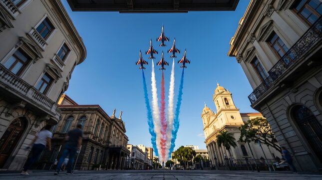 Aerobatic jets flying over historic city street with tricolor smoke trails wide angle perspective shot
