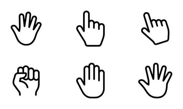 Hand Gestures Icons Set: Pointer, Open Palm, Fist, Click, Touch, Stop, Vector Graphics