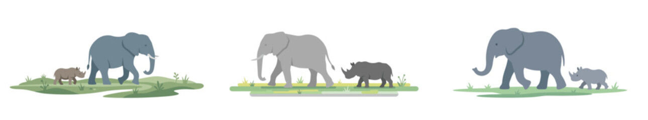 Charming vector illustrations showcasing large wild animals like elephants and a rhino with their young. Depicts family bonds in lush natural, grassy environments © Haris Lost