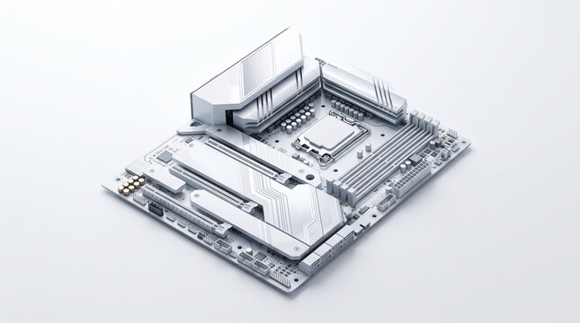 Minimalist white computer motherboard on a clean white background futuristic hardware component design high tech PC architecture studio photography sleek aesthetic computer parts electronics