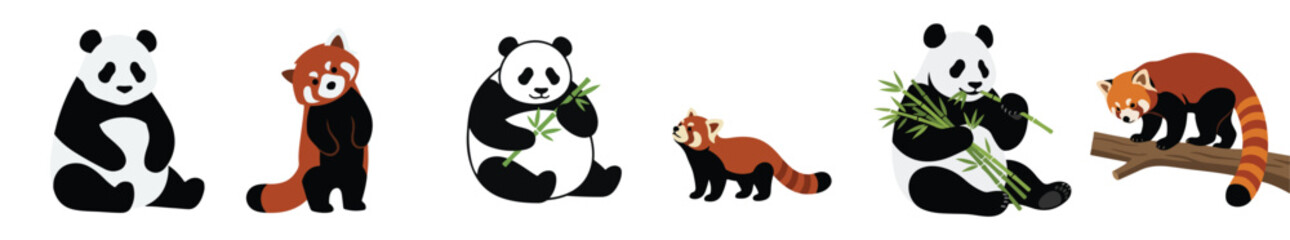 A delightful assortment of illustrated giant and red panda bears, captured in a variety of endearing poses, highlighting their unique charm and the beauty of these cherished wild animals © Haris Lost