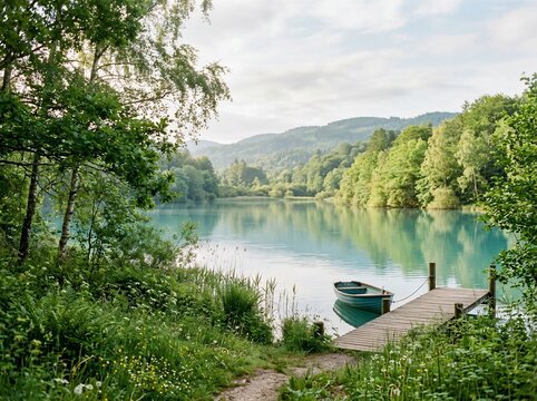 Small wooden boat moored at a peaceful lake pier