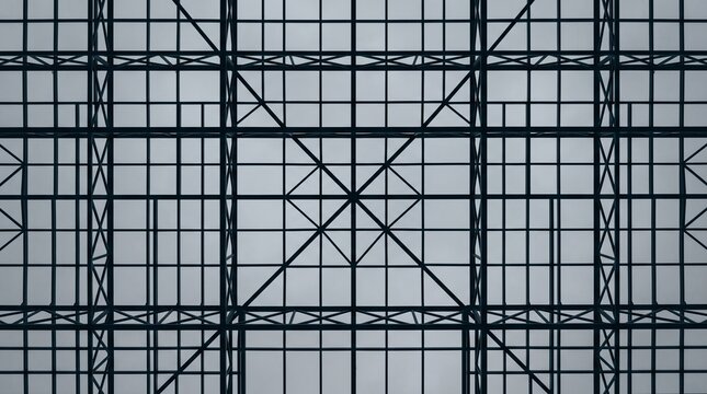 Symmetrical architectural glass roof ceiling detail with dark steel structural metal beams forming a geometric grid pattern under an overcast sky creating a minimalist industrial aesthetic b