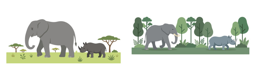 African safari wildlife illustration set featuring elephants and rhinos in savanna and forest environments with trees © Haris Lost