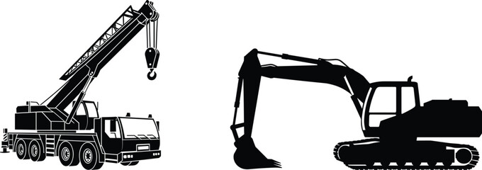 Construction crane and excavator silhouette collection, heavy machinery vector illustration industrial equipment design artwork set © Sume