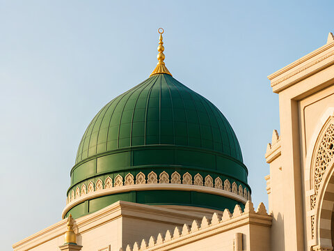 reen dome and minaret of grand mosque at golden hour for spiritual architecture