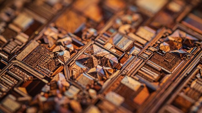 Abstract macro shot of a complex gold circuit board featuring intricate geometric patterns and metallic copper texture reminiscent of futuristic microchips and high technology digital infras