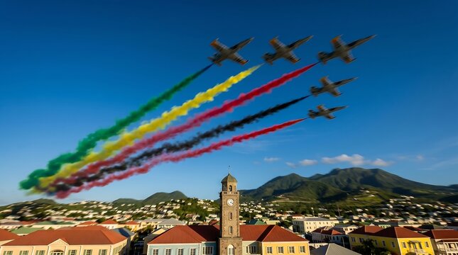 Fighter jets flying over Saint Kitts leaving colorful smoke trails against blue sky and mountain backdrop