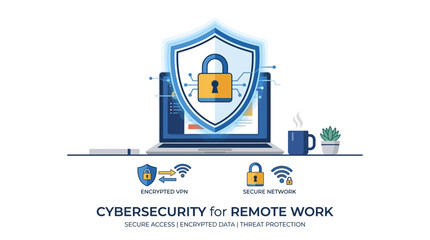 Fototapeta premium Laptop protected by a large digital security shield lock icon demonstrates cybersecurity measures for remote work environments.