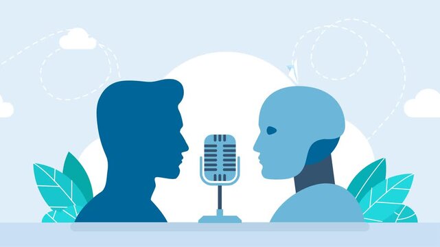 A human and a robot are talking into a microphone. AI technology. Debate. Human and robot conducting discussion on public debates. Artificial intelligence technology. 2d flat animation. Video