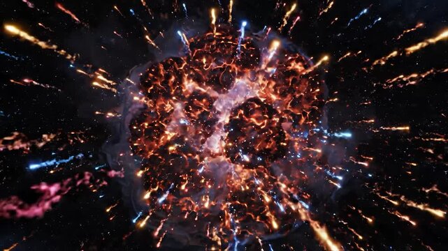 An explosive cosmic scene with vibrant energy and colorful particles.
