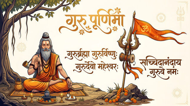 Guru Purnima meditating sage with trishul and sacred Om illustration background wallpaper
