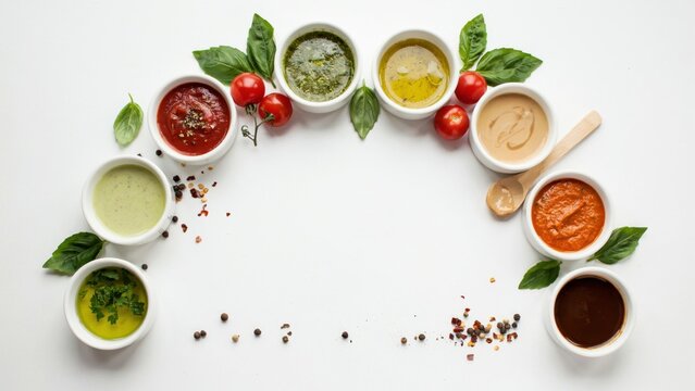 Top view of colorful various cooking sauces in white ceramic bowls with fresh herbs around.