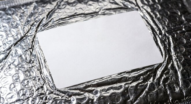Blank white shipping label mockup on textured shiny silver metallic bubble mailer envelope