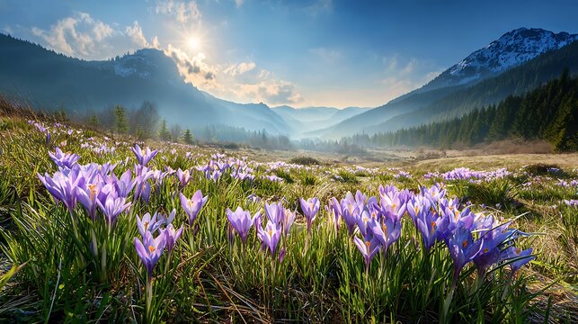 Beautiful purple crocus flowers blooming across a vast mountain valley
