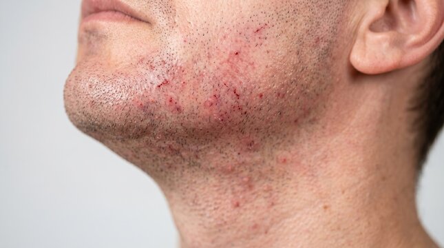 Irritated male cheek skin with razor burn and folliculitis after shaving