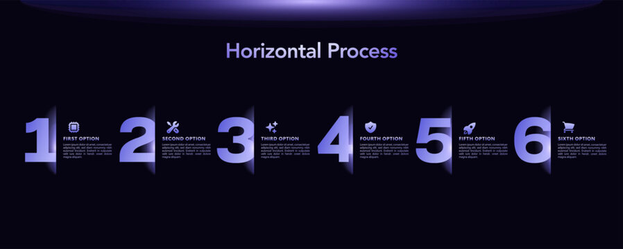 6 steps dark tech business infographic template, gradient neon workflow timeline, process diagram, flowchart, data visualization, presentation layout, modern vector infographic for report dashboard