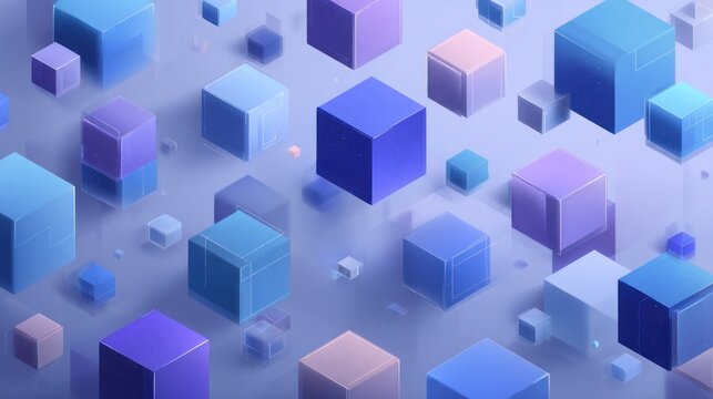 Abstract floating cubes in blues, purples, and pinks, with soft shadows and perspective depth