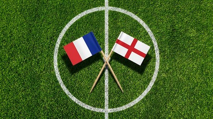 Soccer field center circle crossing of french and english flags on green grass representing football match rivalry and international competition sport teams.