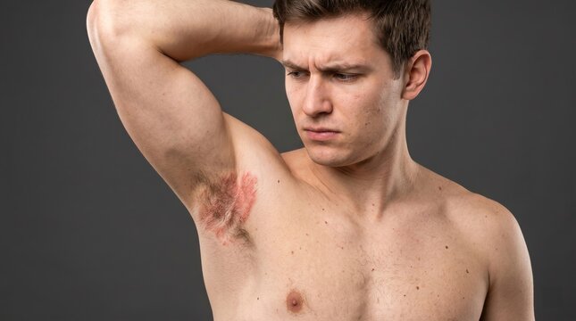 Concerned man examining red inflamed eczema rash in armpit