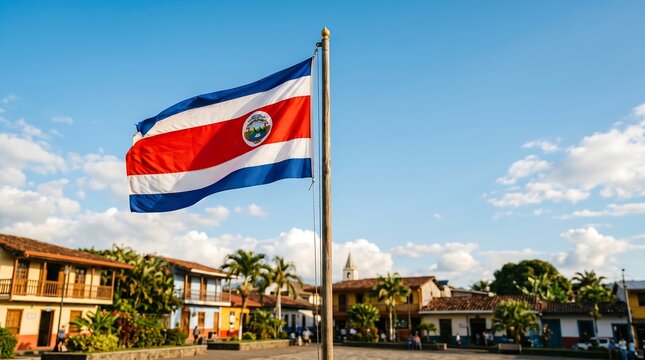National flag of Costa Rica waving on flagpole in colonial town square under blue sky