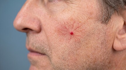 Fototapeta premium Close up side view of middle aged man face with spider angioma on cheek skin