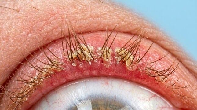 Extreme macro close up of severe blepharitis crusting on eyelashes