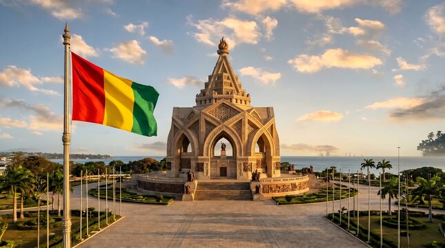 National flag of Guinea waving beside ornate stone monument at coastal park during golden hour