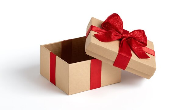 Empty brown gift box with red ribbon and bow