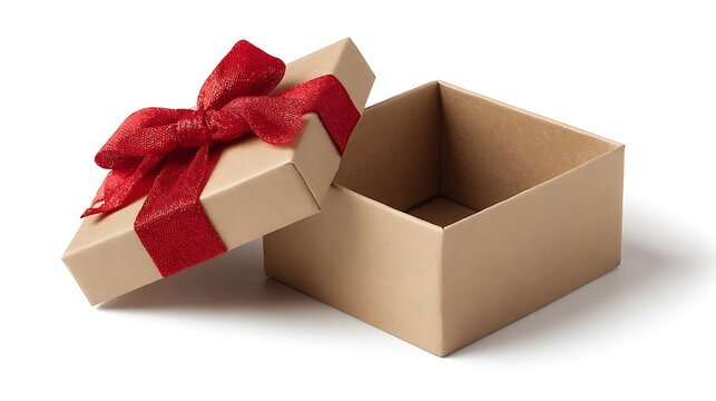 Empty brown gift box with red bow sits open
